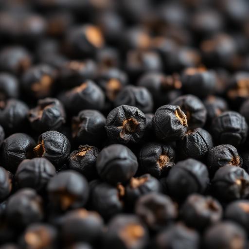 Whole black peppercorns in macro